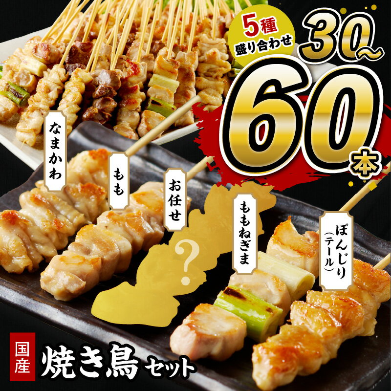 【ふるさと納税】鮮度自慢／高評価★4.52 若鶏 焼き鳥セット 5種盛り合わせ 30本 60本 選べる 本数 焼鳥 ヤキトリ yakitori 鶏肉 モモ ネギま 鶏皮 ぼんじり 串 国産 チキン 冷凍 惣菜 おかず ふるさと納税 焼き鳥 やきとり 小分け 鳥肉 大量 業務用 大盛り