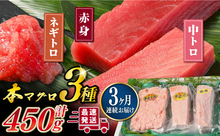 【全3回定期便】対馬産 本マグロ 3種 計450g（赤身/中トロ/ネギトロ）《対馬市》【対海】[WAH012] マグロ まぐろ 鮪 本鮪 本マグロ 養殖 トロ 中トロ 中とろ 赤身 ねぎとろ ネギトロ たたき 刺身 冷凍 海鮮 魚 柵 お祝い 贈答 定期便 毎月届く