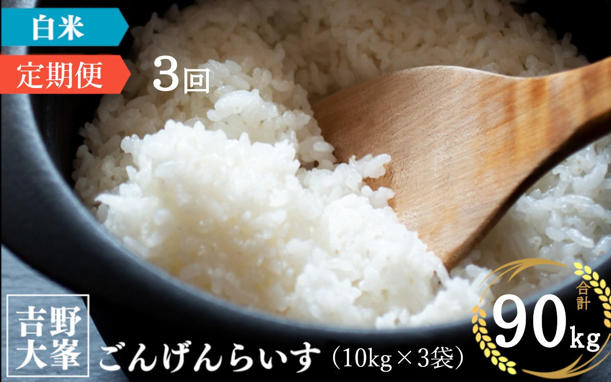 
【定期便】吉野大峯ごんげんらいす　10kg×3袋　3ヵ月連続 計90kg 白米
