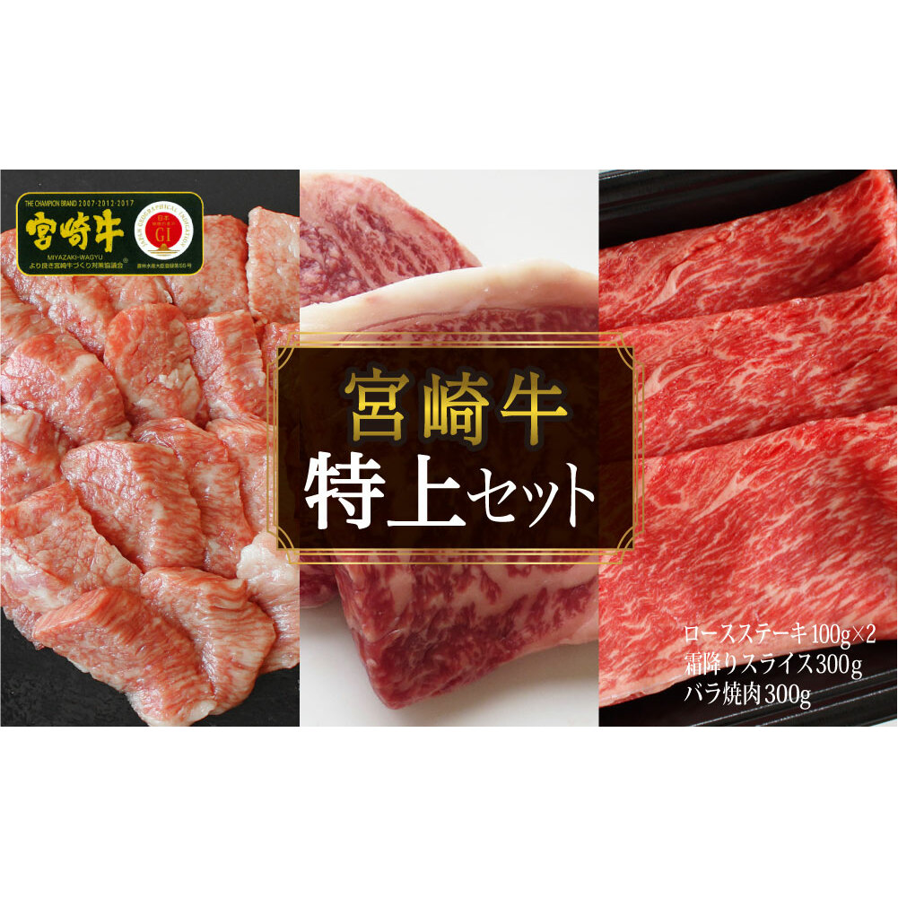 【宮崎牛】特上セット ロース ステーキ 100g×2 & 霜降り スライス 300g & 牛バラ焼肉 300g 計800g [SHINGAKI 宮崎県 美郷町 31ag0066] 牛肉 焼肉 鉄板焼き