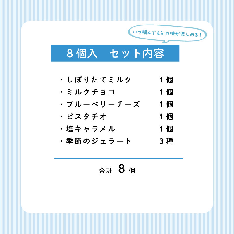 ジェラート  定期便 8個入 2回 ミルク チョコ ブルーベリー チーズ ピスタチオ 塩 キャラメル 塩キャラメル アイス ジェラート セット 季節 限定 季節限定 てづくり なちゅらるじぇらーと な