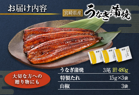宮崎県産 うなぎ 蒲焼 3尾 計480g 個包装 長焼 国産 鰻