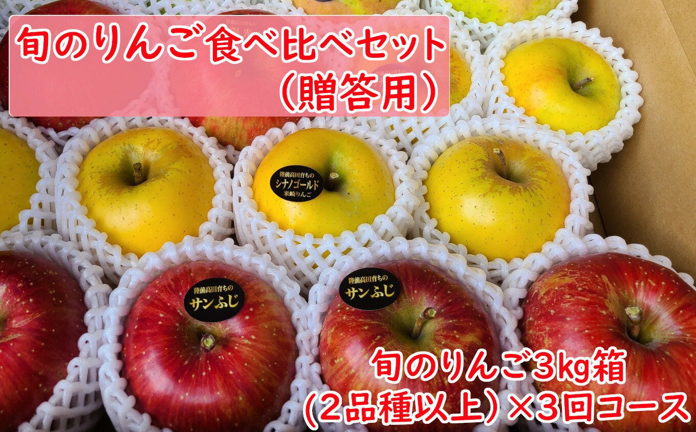 【ふるさと納税】3回定期便 贈答用 りんご 食べ比べ セット 2品種以上 3kg ×3回 ［ 旬 リンゴ 林檎 米崎りんご 果物 フルーツ 旬 期間限定 数量限定 ギフト プレゼント 贈答品 お祝い 食べ比べ 人気 おすすめ お取り寄せ 定期便 頒布会 国産 岩手 陸前高田 ］