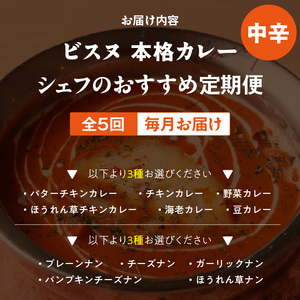 【中辛】【定期便5回】ビスヌ 本格カレー　シェフのおすすめ定期便（毎月お届け）_定期便 5回 ビスヌ 本格 カレー チキン バターチキン 海老 豆 野菜 ほうれん草チキン ナン プレーン チーズ ガー