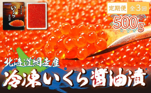 【定期便】全3回（毎月）＜網走産＞冷凍いくら醤油漬 500g 【 ふるさと納税 人気 おすすめ ランキング いくら イクラ いくら醤油 イクラ醤油 醤油漬け 醤油漬 いくら醤油漬け イクラ醤油漬け 冷凍 鮭いくら イクラ丼 海鮮丼 冷凍 網走産 オホーツク 北海道 網走市 送料無料 】 ABE015