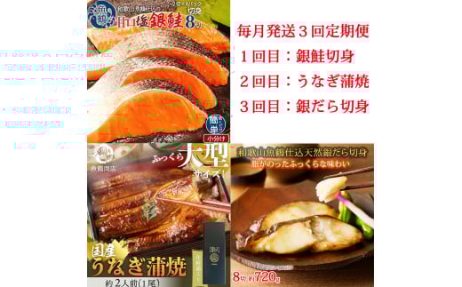 【毎月定期便】魚鶴お楽しみ海鮮3種セット(銀鮭切身・うなぎ蒲焼・銀だら切身)全3回    / 銀鱈 さけ だし うなぎ たら 魚 切り身 切身 魚 海鮮 焼き魚 ご飯のおとも おかず【tkb418】