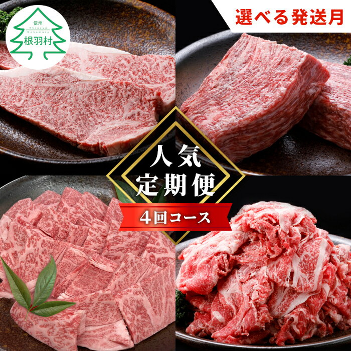 【ふるさと納税】全4回★ 発送月が選べる★定期便 長野県根羽村 人気定期便 切り落とし カタロース 焼肉 サーロインステーキ ロースステーキ ステーキ 限定 定期便 人気 4回