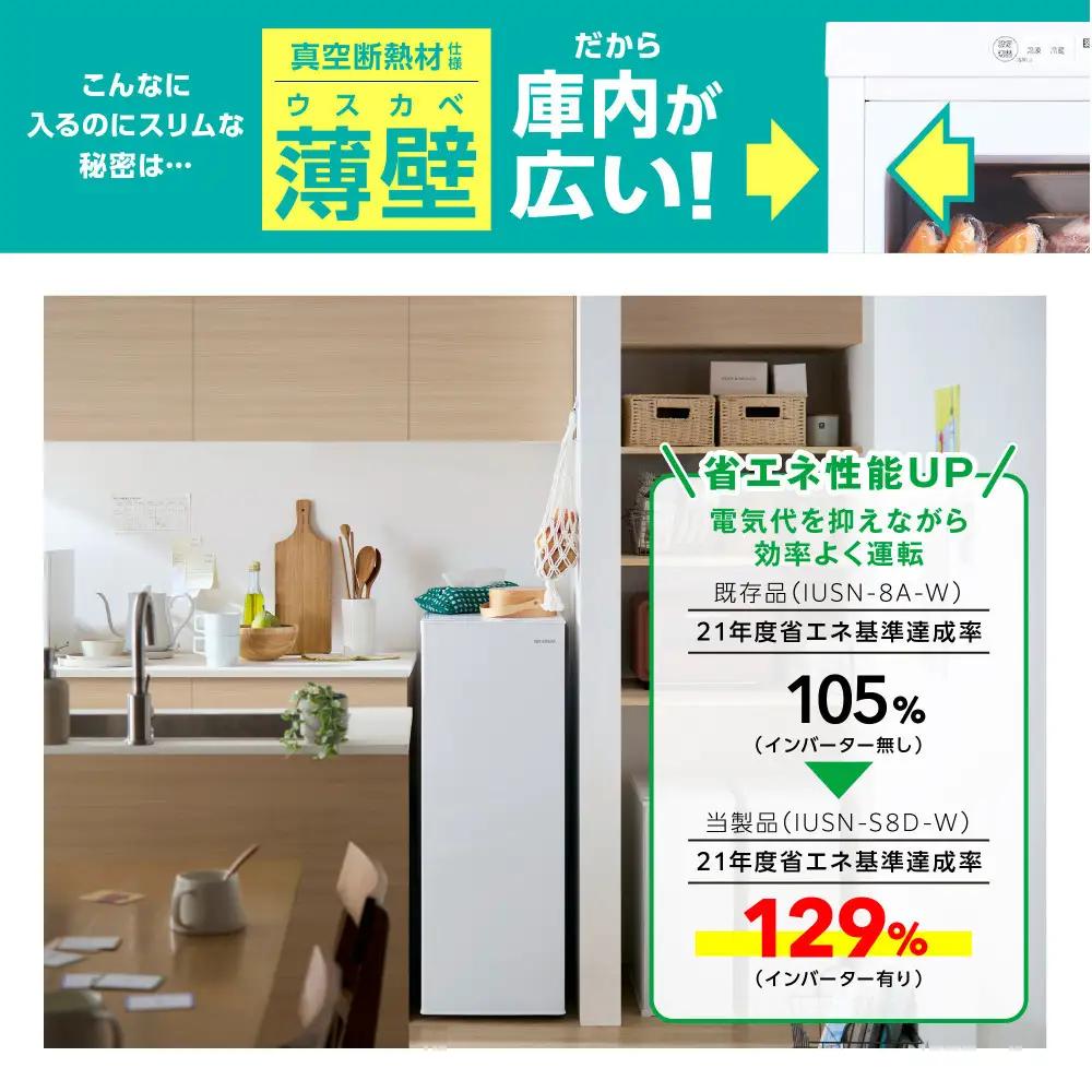 ☆ リニューアル ☆ 冷凍庫 80L スリム 前開き 右開き アイリスオーヤマ スキマックス  IUSN-S8D-W ホワイト