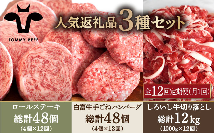 
                  【牧場直送】【12回定期便】人気返礼品詰め合わせ！牛肉100%ふんわりロールステーキ 4個＆白富牛 手ごねハンバーグ 4個＆しろいし牛 切り落とし 1000g【佐賀セントラル牧場】佐賀県産 牛肉 お肉 肉 ステーキ ハンバーグ 詰め合わせ 九州 佐賀県 白石町  白石 [IAH187]
                
