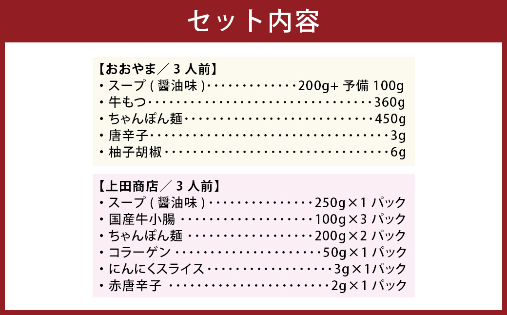 博多もつ鍋食べくらべセット2種（しょうゆ味 ／ 3人前） 【おおやま・上田商店】 もつ鍋 牛肉 しょうゆ味 ソース付き お鍋 セット 食べ比べ 国産牛 冷凍 福岡県 糸田町