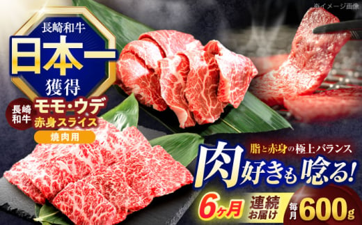 【6回定期便】長崎和牛 焼肉用 赤身スライス600g (モモ・ウデ 各300g)【株式会社 黒牛】 [OCE098] / 牛肉 九州 肉 すらいす