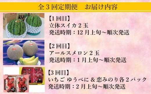 【年3回定期便】 熊本おすすめフルーツ定期便B（スイカ・メロン・いちご） 【2026年12月上旬発送開始】 スイカ すいか 立体スイカ メロン アールスメロン いちご イチゴ 苺 果物 くだもの 果実