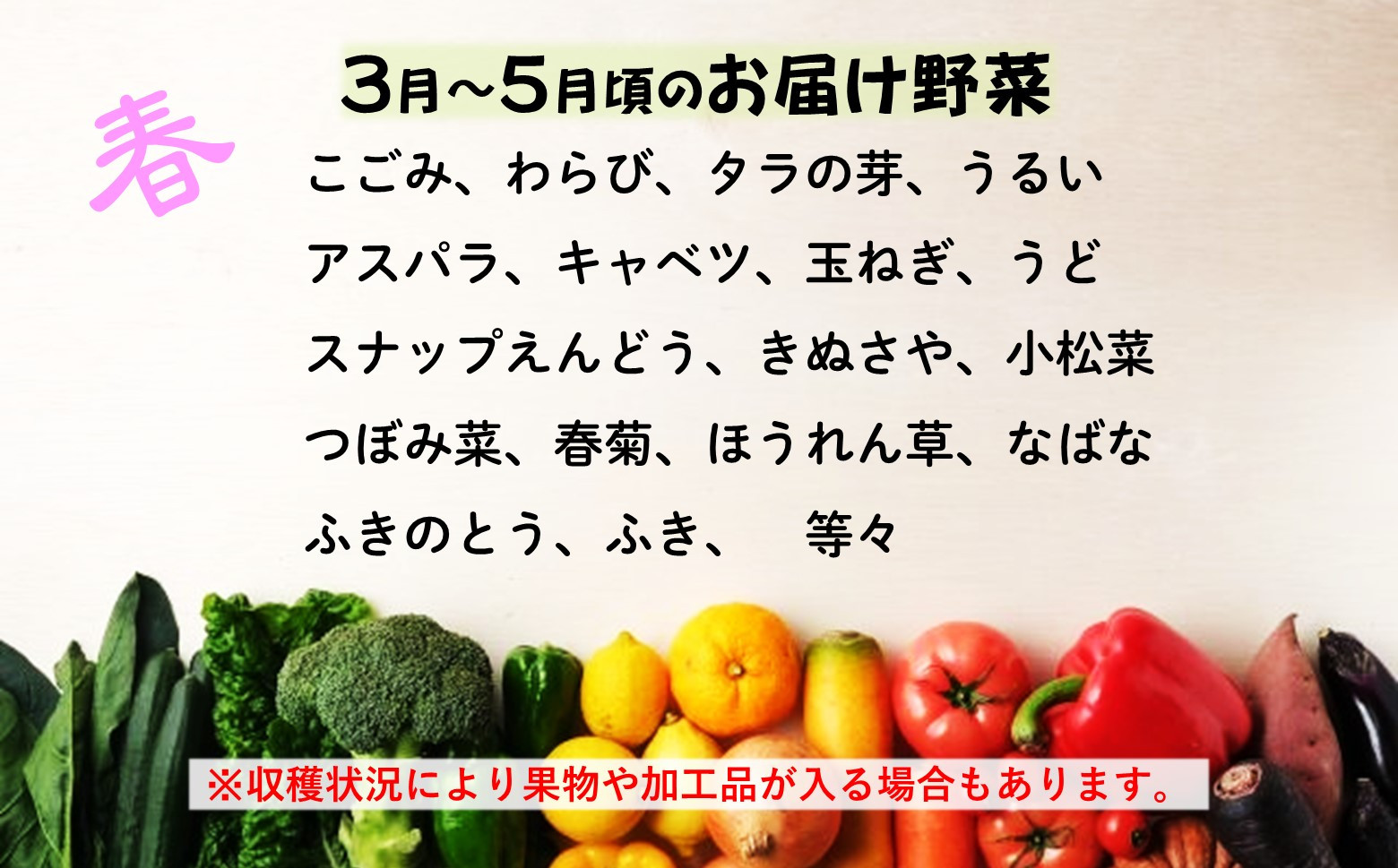 お届け野菜は一例です。収穫状況により異なります。野菜の指定はできません。