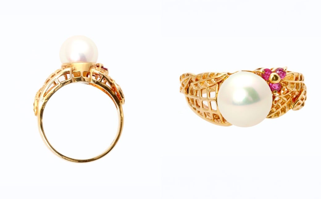 【限定1点】あこや真珠 (約8mm珠) 透かしリング K18 イエローゴールド