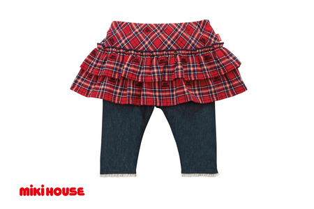 【ミキハウス】チェックスカート付き8分丈パンツ　赤・100cm　（48-13-R-100）こども 子ども服 子ども 子供 子供服 播州織 mikihouse ミキハウス