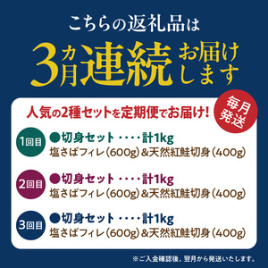 【定期便　全3回】人気の2種塩さば＆紅鮭切り身セット計3kg (1kg × 3回)_G60-T53