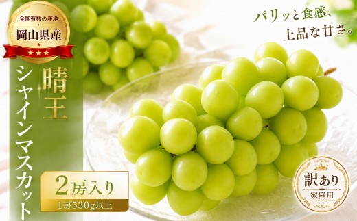 ぶどう 2026年 先行予約 ご家庭用 シャイン マスカット 晴王 優品 2房入り（1房 530g以上 露地栽培） ブドウ 葡萄 岡山県産 国産 フルーツ 果物 岡山の葡萄 株式会社M・P・C