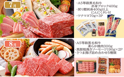 定期便(12回配送)お楽しみ便(A5等級黒毛和牛・黒豚・かつお・まぐろ・さつまあげ等)JJ-6002【1166755】 _ ふるさと納税 定期便 牛肉 豚肉 しゃぶしゃぶ ステーキ ハンバーグ まぐろ