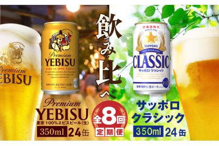 【ビール飲み比べ定期便：全8回】サッポロクラシックとヱビスビール各350×24本【300110】