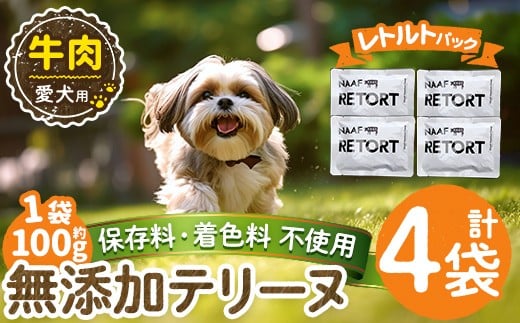 a1084-B ＜保存料・着色料 不使用＞愛犬用無添加テリーヌ レトルトパック 牛テリーヌ4袋(1袋約100g・合計約400g)【Nフードサービス】姶良市 牛 テリーヌ 犬 ドッグ ペット フード エサ レトルト おやつ ごはん ご飯 間食 ご褒美