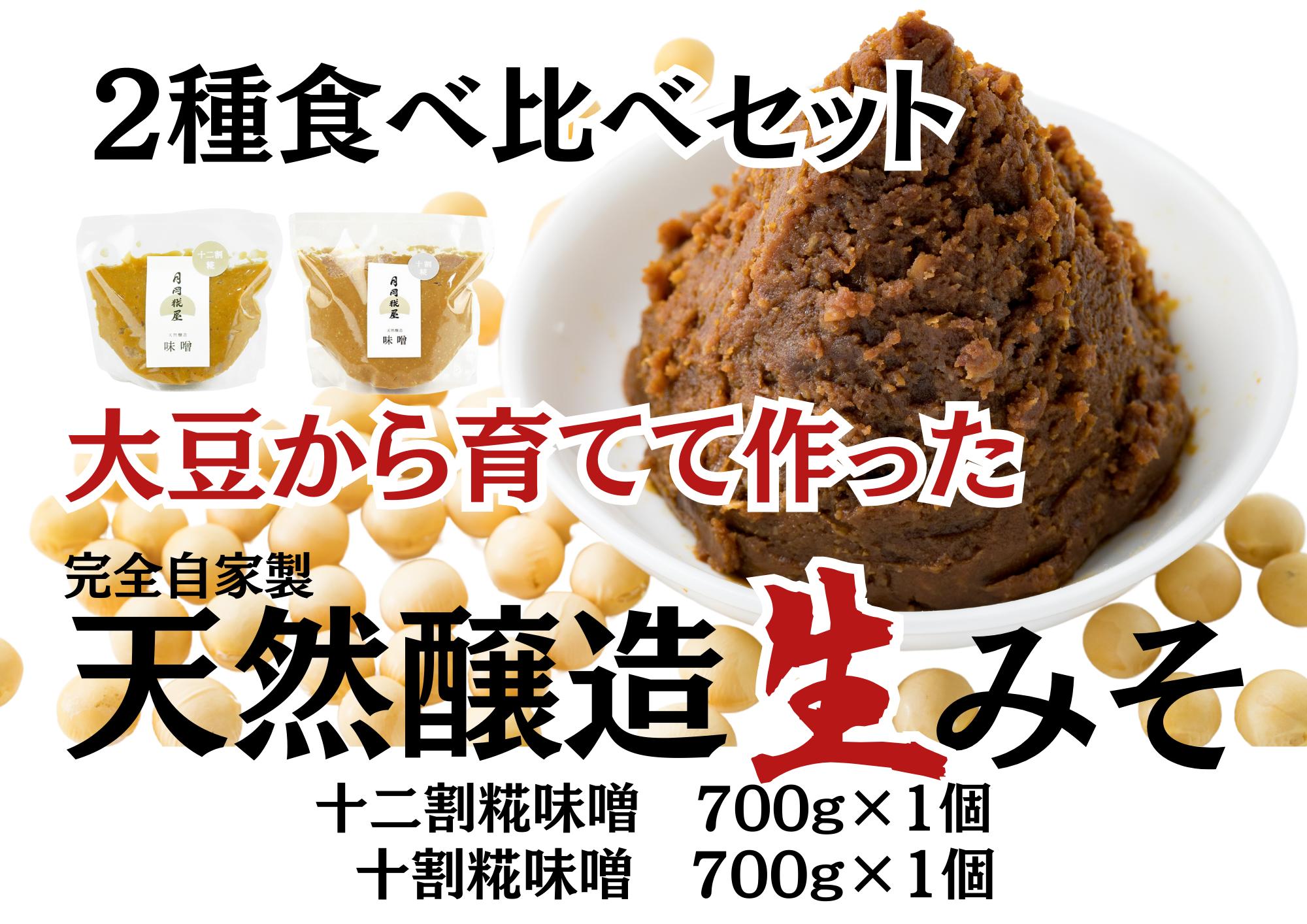 
            月岡糀屋 完全自家製味噌 2種食べ比べセット 700g×2個入り 十割糀味噌 十二割糀味噌 国産大豆 国産塩 自家製米糀 こうじ 生味噌 みそ ミソ 味噌汁 非加熱熟成 辛口味噌 田舎味噌 3B03007
          