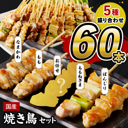 焼き鳥 60本 ／国産焼き鳥セット 5種盛り合わせ60本 バラエティ 焼き鳥 セット ＜もも串焼き鳥／ねぎま焼き鳥／かわ焼き鳥／ テール（ぼんじり焼き鳥）串焼き鳥・冷凍焼き鳥・焼き鳥詰め合わせ・焼き鳥小分け＞