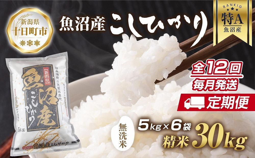 
DE70 【定期便】｜無洗米｜ 新潟県 魚沼産 コシヒカリ お米 30kg×計12回 精米済み 年間 毎月発送 こしひかり（お米の美味しい炊き方ガイド付き）
