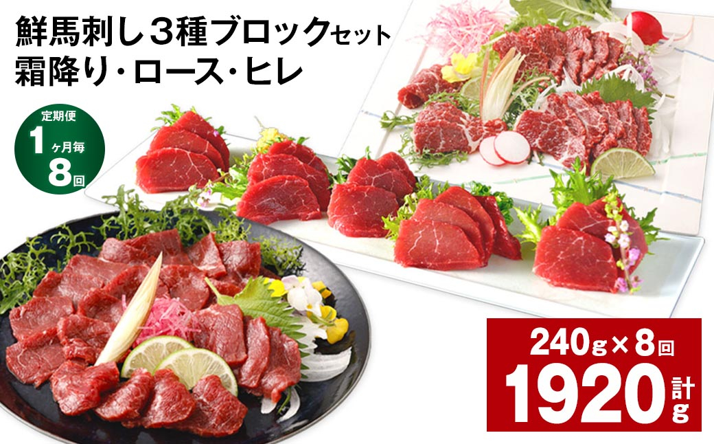 
【1ヶ月毎8回定期便】鮮馬刺し 3種ブロックセット（霜降り・ロース・ヒレ）
