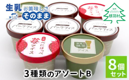 3種類のアソートB　 8個セット 6000円　バニラアイスクリーム　紅ほっぺ　西尾の抹茶　いちご　アイスクリーム　ソフトクリーム　スイーツ　デザート