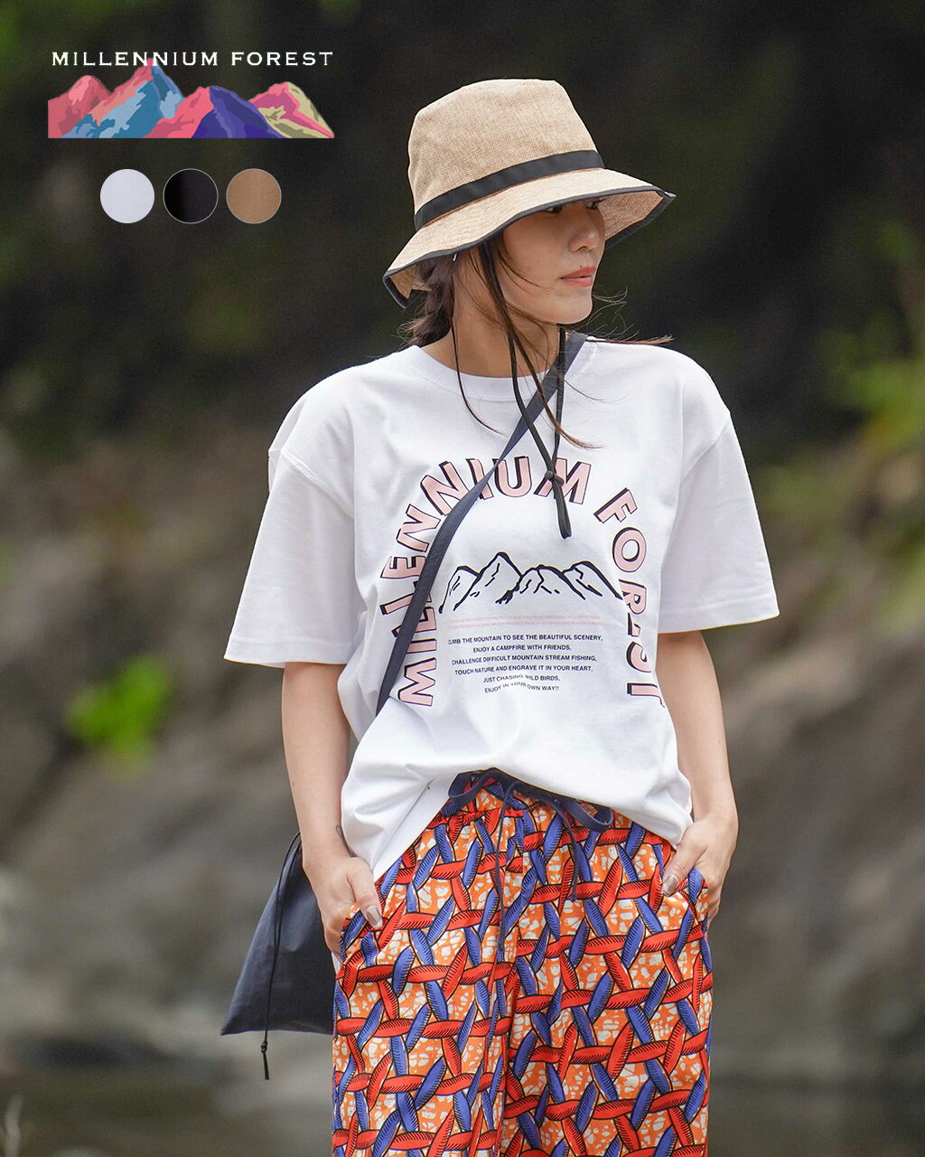 【ふるさと納税】【福知山市 × CROUKA 大江山千年の森 オリジナル】 プリント Tシャツ ミレニアムフォレスト (色：ホワイト・スミクロ・キャメル）（サイズ※ユニセックス：L・XL）/ MILLENIUM FOREST ユニセックス メンズ レディース アウトドア コラボ コットンTシャツ