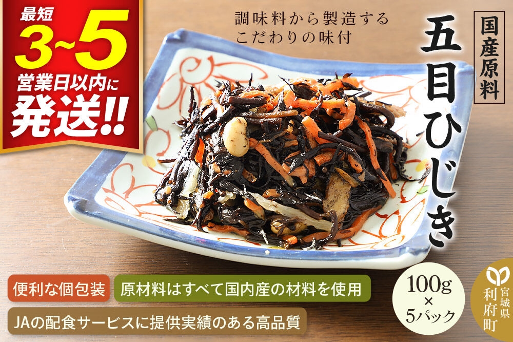 
                  国産原料 五目ひじき 100g×5パック 最短3～5営業日以内発送 [蒟蒻 こんにゃく コンニャク 人参 にんじん ニンジン 海藻 ヒジキ]
                