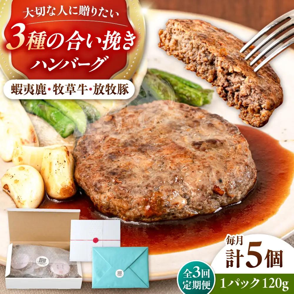 【全3回定期便】【蝦夷鹿×牧草牛×放牧豚】ハンバーグ 5個   鹿肉 牛肉 豚肉 小分け 冷凍 北海道 [AXBP019]