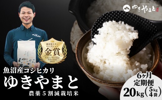 【令和8年産 先行予約】【6ヶ月定期便】魚沼産コシヒカリ「ゆきやまと」特別栽培米 20kg (5kg×4袋)  ※節減対象農薬当地比5割減※東京米スターセレクション金賞受賞 | 新潟産コシヒカリ 新潟県産コシヒカリ 魚沼産こしひかり 米 お米 こしひかり 白米 精米 ブランド米 津南町 ゆきやまと農場