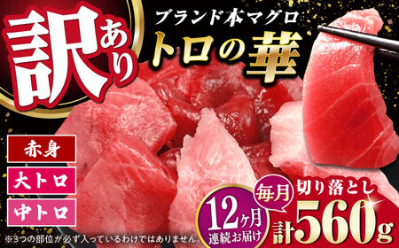 【全12回定期便】訳あり！対馬産 本マグロ 切り落とし 560g（8パック） トロの華 冷凍 新鮮 海鮮 小分け マグロ[WAQ034]