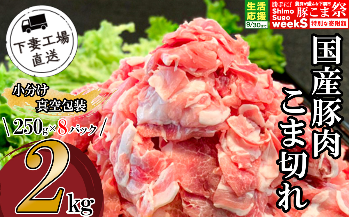 国産豚肉こま切れ 2kg （ 250g × 8パック / 小分け真空包装 ）【 下妻工場直送 】【 豚肉 こま切れ パック 小分け 便利 国産 料理 ポーク ぶたにく 国産豚 マルリン】