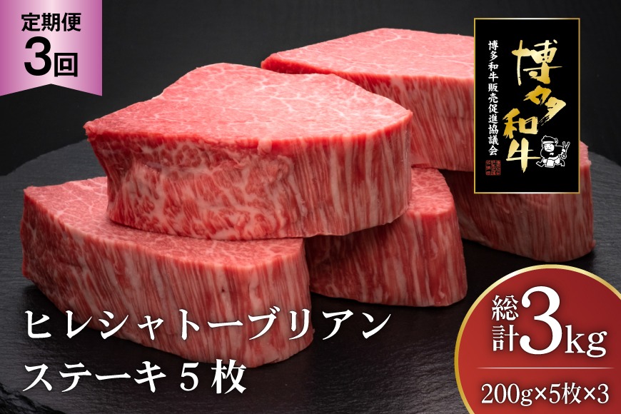 肉 博多和牛 ヒレ シャトーブリアンステーキ 200g 5枚 計 1kg 3回 定期便 総計 3kg [久田精肉店 福岡県 宇美町 um40bsi440012] 牛 牛肉 ヒレシャトーブリアンステーキ ステーキ 和牛 ソース ソース付き 冷凍