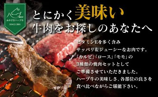 ＜宮崎ハーブ牛＞3種 焼肉セット 計600g カルビ ロース 赤身 モモ 食べ比べ【B364】