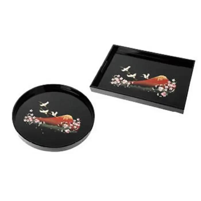 紀州漆器 長手盆 丸盆 2枚セット 富士に桜 (木製 カシュー漆塗り)［YS28］