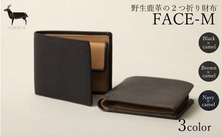 財布 FACE-M 革のカシミヤ 国産 鹿革 二つ折り財布 小銭入れ 革 本革 革製品 皮革製品 野生鹿革  ウォレット カード お札入れ コインケース フリーポケット ファッション 小物 ブラック×キャメル