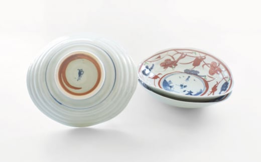 【波佐見焼】楕円皿 大 陶器 食器 3枚セット〈染錦水草魚紋〉直径21cm/陶器 皿 陶磁器 食器 お皿 和柄【ゆい窯】 [OAO005]