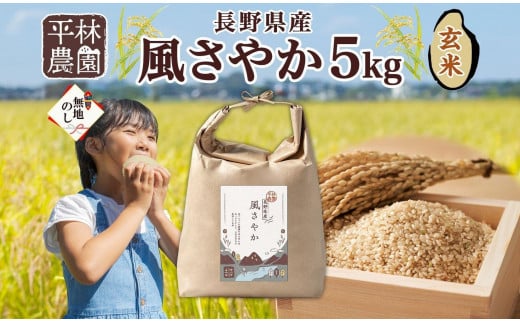 ＜先行予約＞無地熨斗 令和7年産 風さやか 玄米 5kg×1袋 長野県産 米 お米 ごはん ライス 低GI 甘み 農家直送 産直 信州 人気 ギフト 平林農園 熨斗 のし 名入れ不可 送料無料 長野県 大町市
