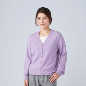日本製 カシミヤ100% レディース Vカーディガン ラベンダー 2Lサイズ [2668]