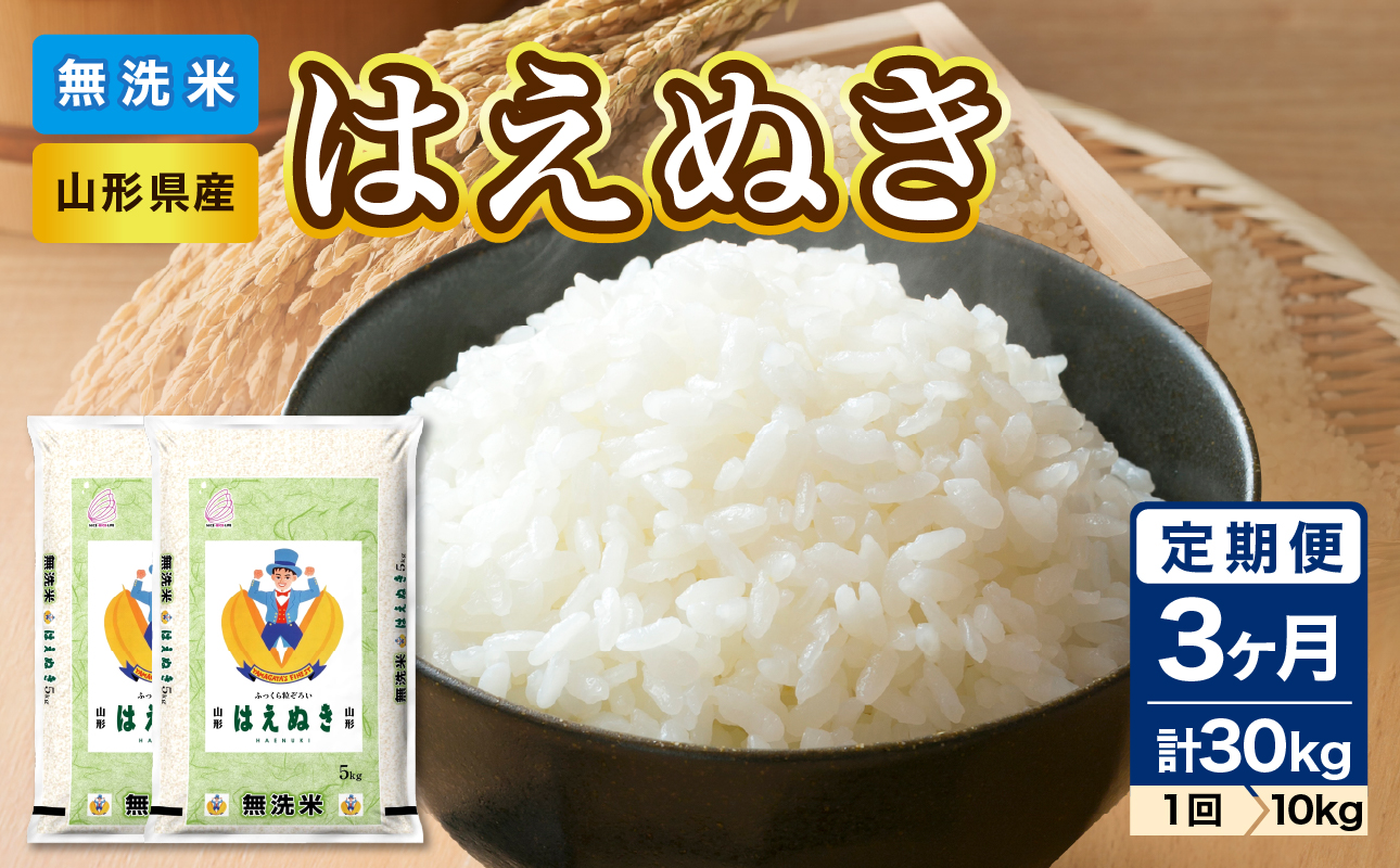 《3ヶ月定期便》山形県産 無洗米 令和7年産 はえぬき 10kg(5kg×2袋)×3ヶ月(計30kg)【山形県産 BG精米製法】