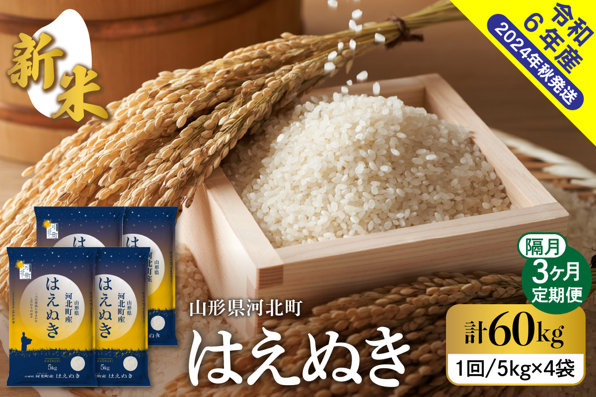 【令和6年産米】※2024年12月下旬スタート※ はえぬき60kg（20kg×3回）隔月定期便 山形県産 【米COMEかほく協同組合】