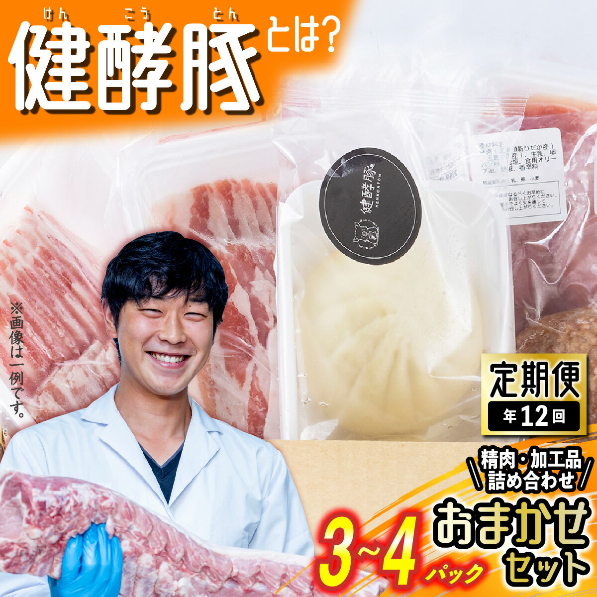 【ふるさと納税】 ＜ 定期便 12回 ＞ 北海道産 健酵豚 おまかせ セット （ 加工品 あり） 毎月 各 3～4 パック 豚肉 詰合せ 詰め合わせ お楽しみ おたのしみ セット 豚 肉 ブランド ポーク 酵素 旨味 うまみ うま味 冷凍 北海道 新ひだか町