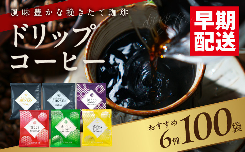 
【スピード発送】本格ドリップコーヒー 6種 100袋 工場直送 詰合せ セット 【珈琲 COFFEE コーヒー 自家焙煎 こーひー オリジナル ギフト キャンプ アウトドア】
