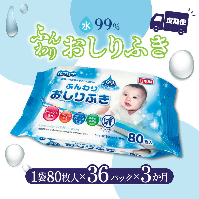 【ふるさと納税】【3か月定期便】LD-210 ふんわりおしりふき 水99％（80枚入り×3P）×12セット　合計36パック×3か月 日用品 秋 旬