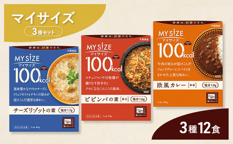 レトルト食品 大塚食品 マイサイズ 100kcal 3種（欧風カレー・チーズリゾットの素・ビビンバの素）×各4個 インスタント 牛肉 スパイス 風味豊 濃厚 コチュジャン 豆板醤 綾瀬市 神奈川県