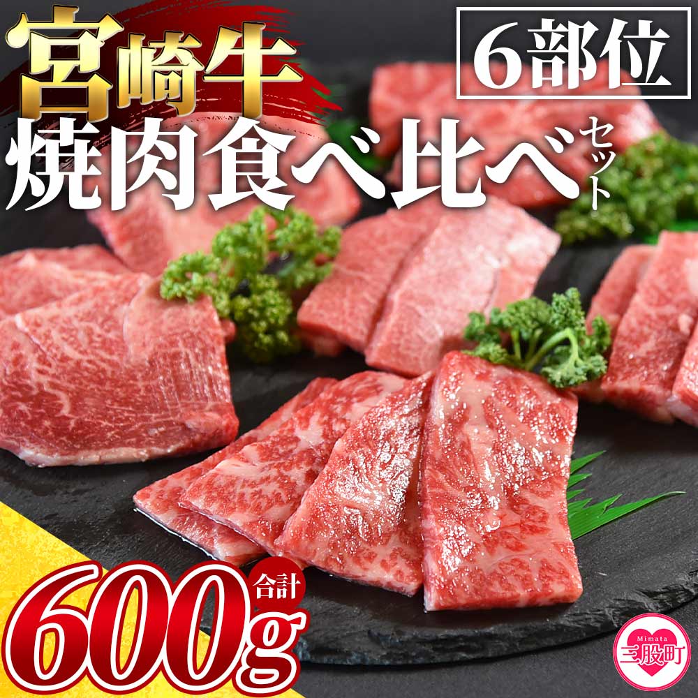【ふるさと納税】＜3D冷凍宮崎牛焼肉食べ比べセット＞6部位 食べ比べ 焼肉 (合計600g) 肩ロース バラ モモ ウデ ロース ヒレ 牛肉 国産 九州産 焼肉 BBQ 焼き肉 鍋 贈答用 誕生日 プレゼント お中元 御中元 のし付き 熨斗 熨斗対応 のし対応 贈り物 【MI089-my】【ミヤチク】
