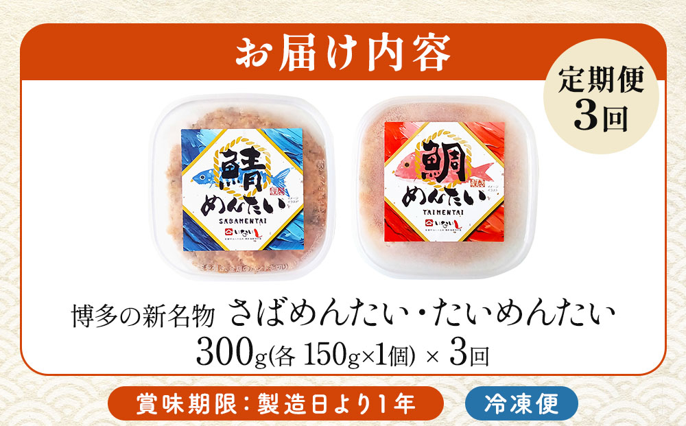 ＜定期便・全3回＞博多の新名物 さばめんたいとたいめんたいの詰合せ 150g×各1個（合計300g）